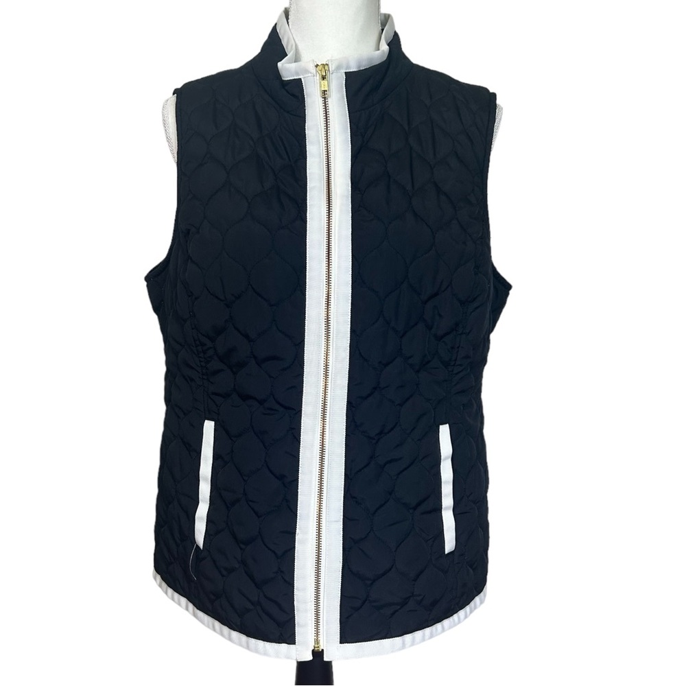 Crown & Ivy black quilted vest white trim zip up elephant lining